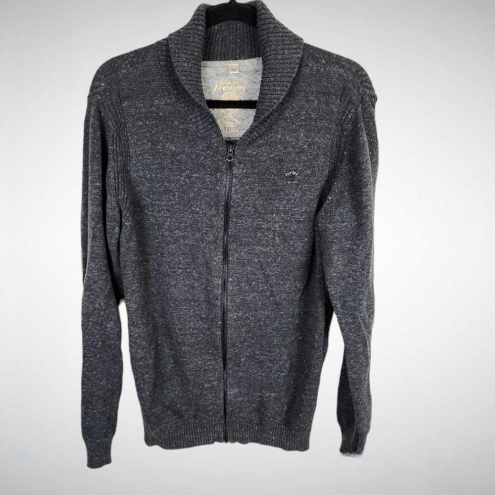 Diesel Knit Zip Up Cardigan Sweater Mens Large Gray Shawl Collar Logo Ribbed